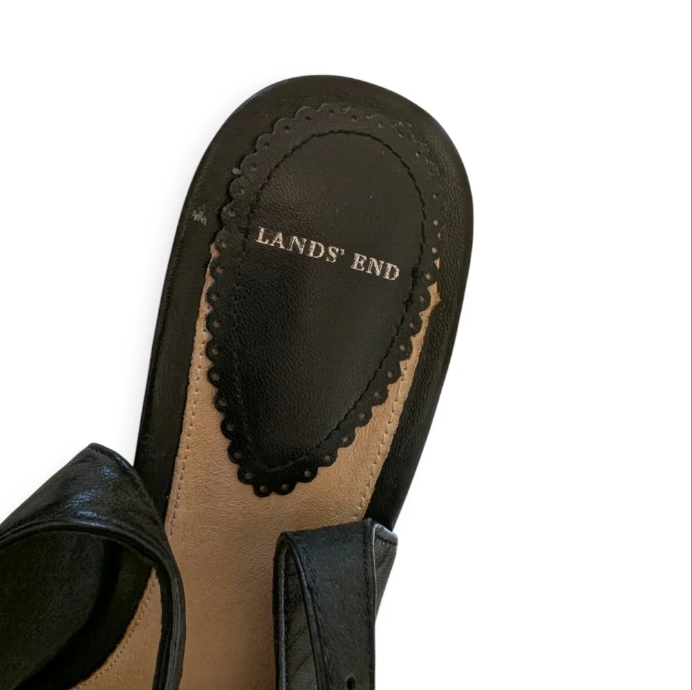 SLINGBACK PUMPS Black Leather Pointed Toe 2” Stacked Heel 8.5 Lands End